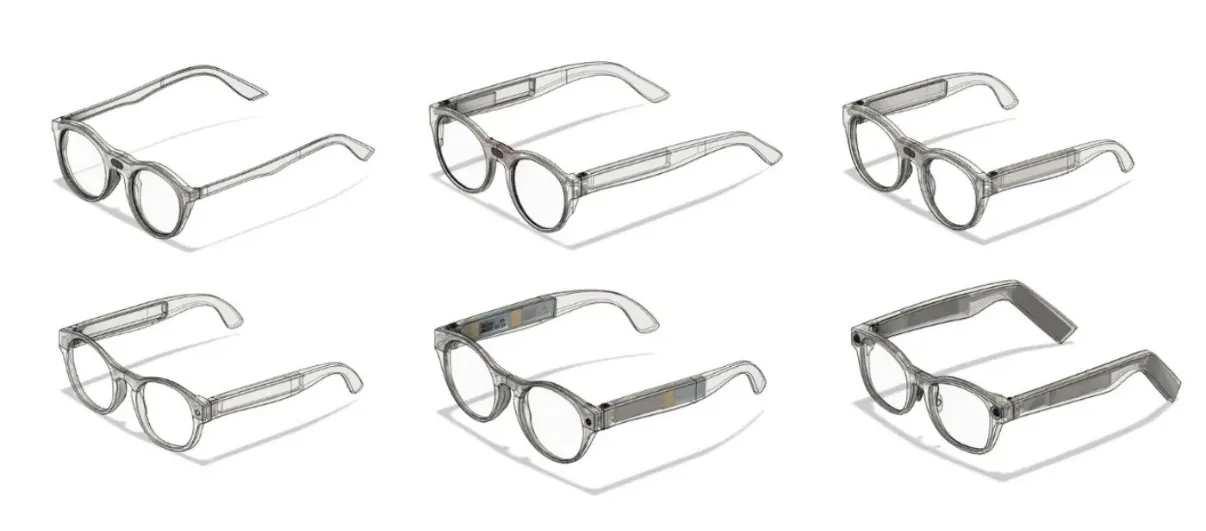 Six renders of smart-glasses concepts with transparent frames and temple-mounted electronics
