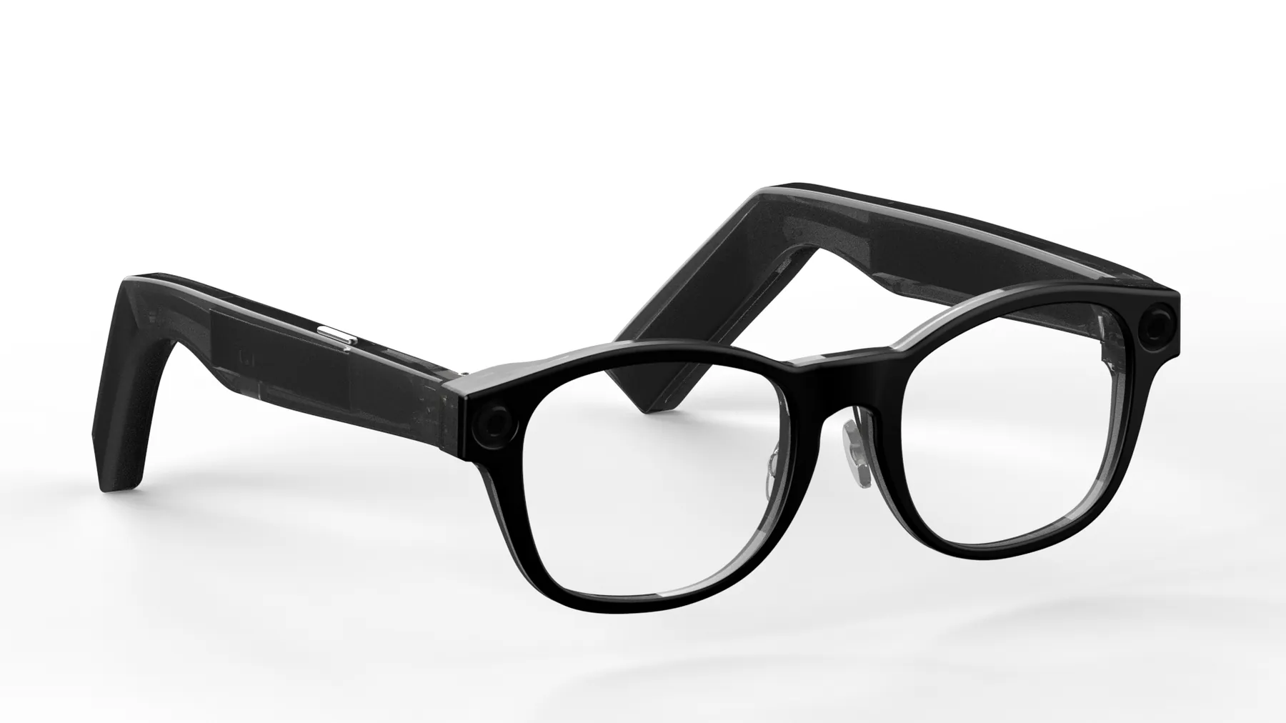 Photorealistic render of black smart glasses with cameras in the front corners