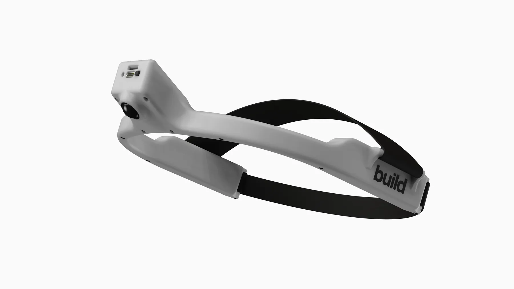 White head-mounted wearable with a camera module and adjustable strap