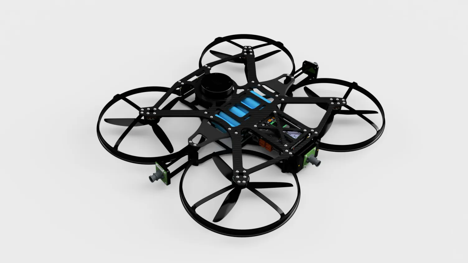 Carbon-fiber quadcopter with ducted rotor guards, camera and sensor module