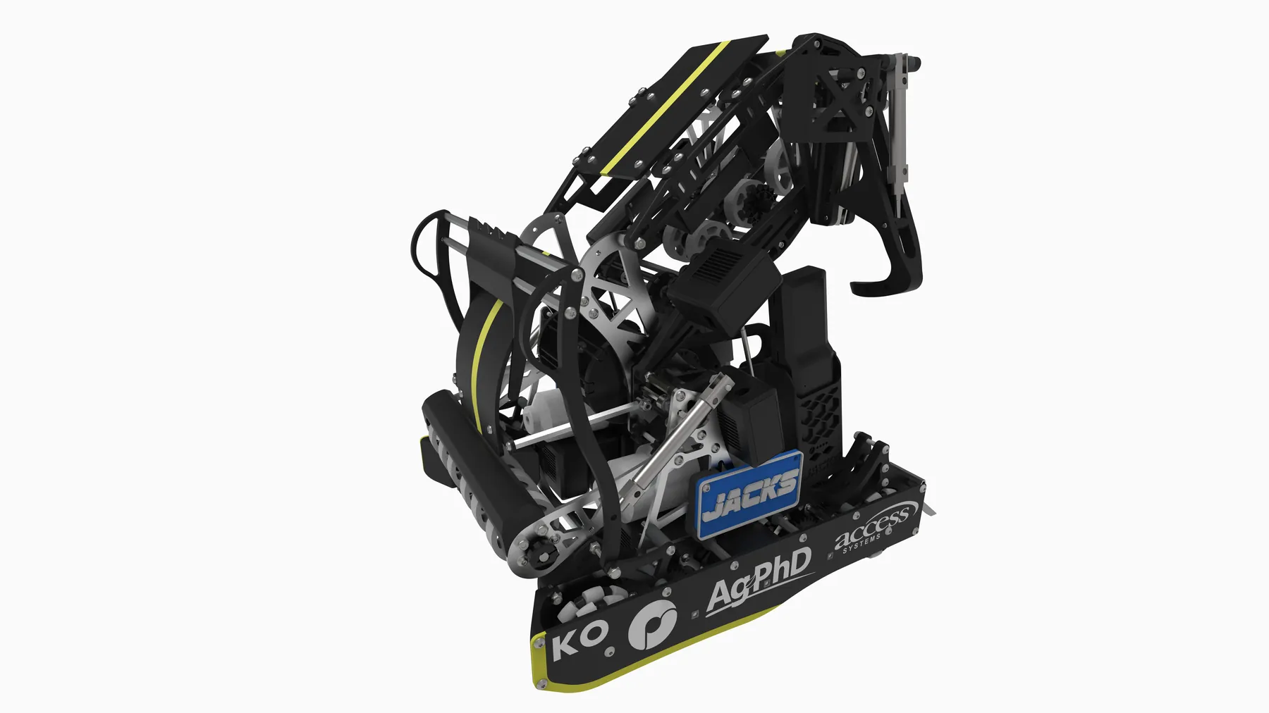 The JACKS VEX U robot from a second angle, arm raised, showing the drivetrain and gripper