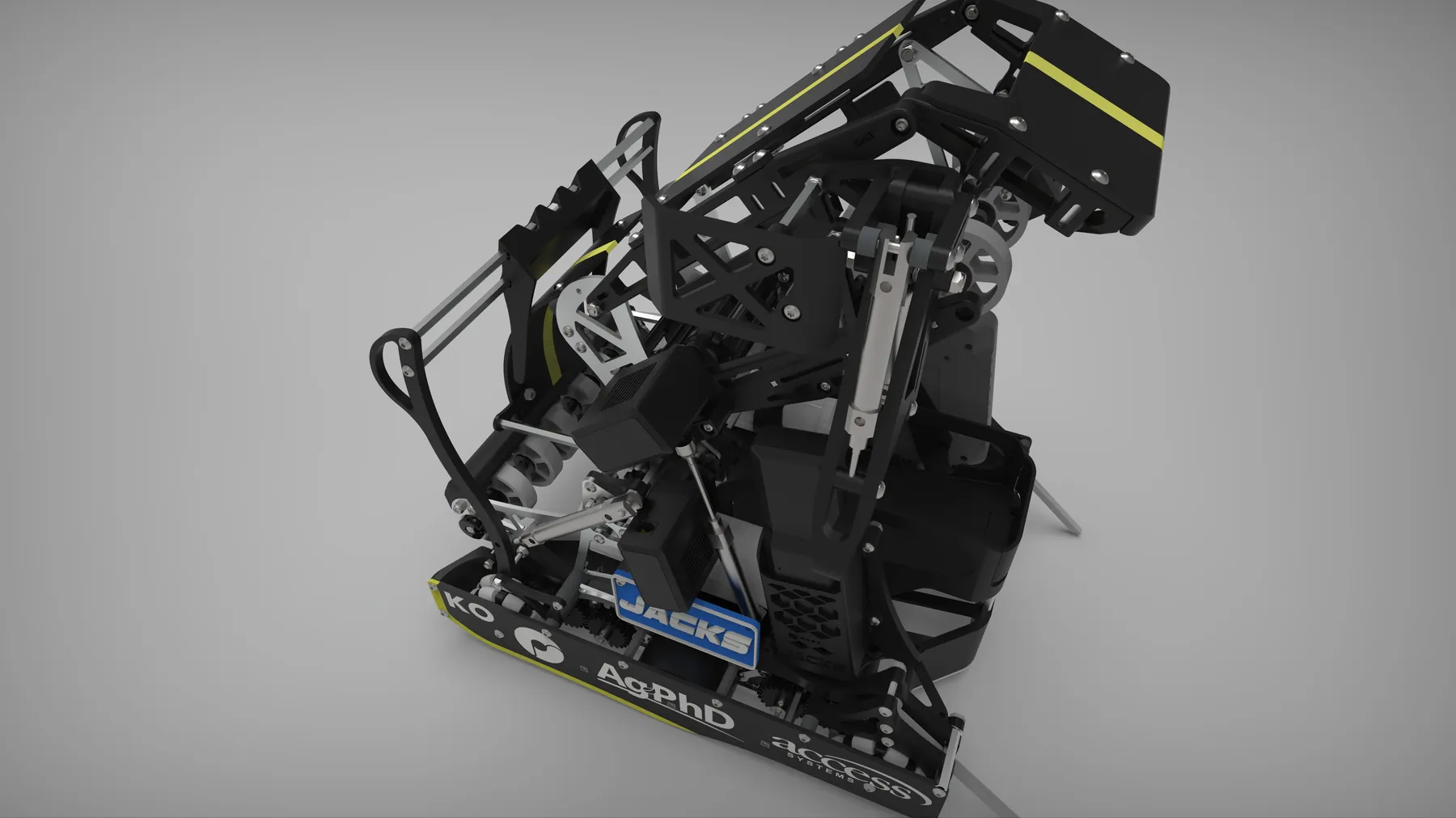 Render of the JACKS VEX U competition robot with articulated arm and sponsor decals